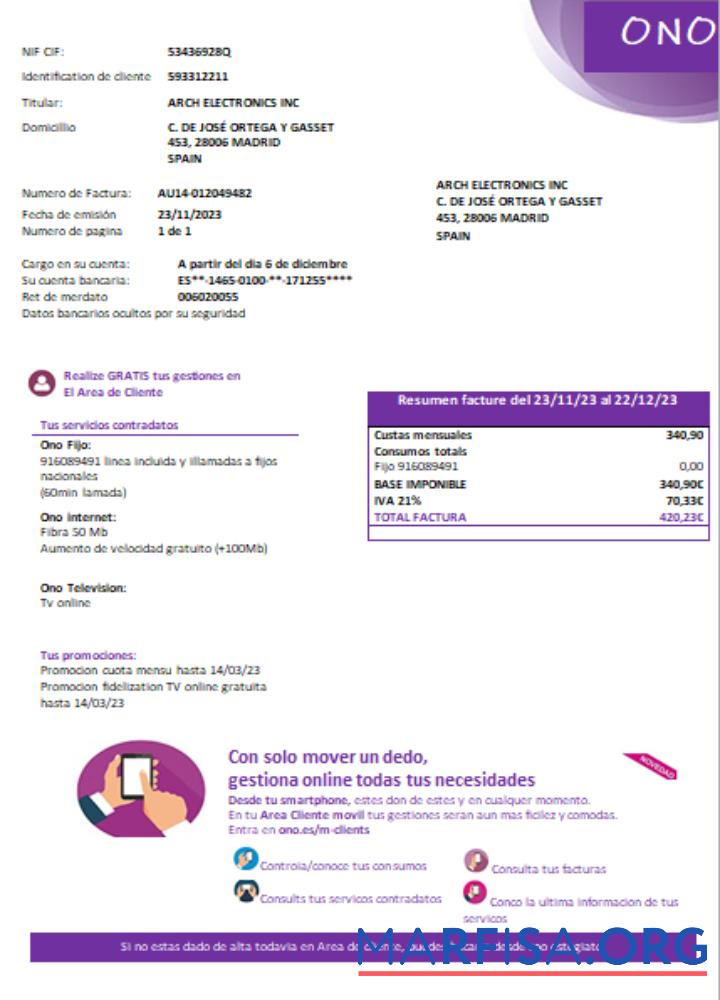 Downloadable ONO (Spain) utility business bill, SCR real example